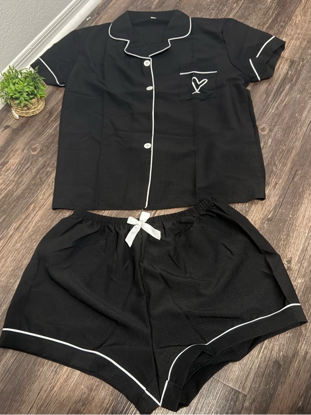 SHEIN Black Short Sleeve Button Pajama Set with White Piping